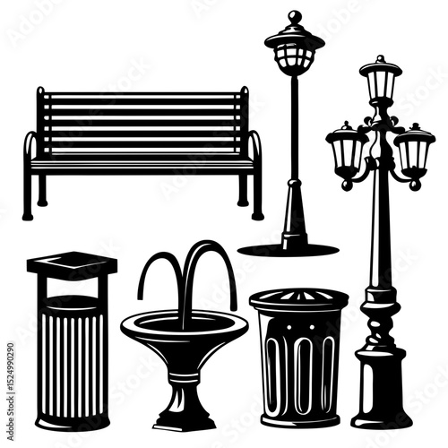 Black and white park icons bench lamps fountain trash cans