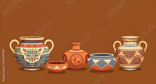 Handmade clay pot set, Pottery artwork illustration, Pottery cartoon vector, Pottery flat design, Pottery minimalist vector, Clay kitchenware vector, Pottery amphora illustration, Pottery rustic art, 