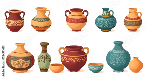 Pottery and ceramics vector, Pottery ornament vector, Earthen pottery vector, Clay pottery icon, Pottery design elements, Pottery bowl set vector, Pottery jug set, Clay vase vector, Pottery storage ja