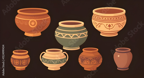 Pottery collection art, Pottery and ceramics vector, Pottery ornament vector, Earthen pottery vector, Clay pottery icon, Pottery design elements, Pottery bowl set vector, Pottery jug set, Clay vase ve