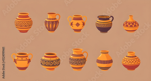 Clayware set, Artisan pottery vector, Pottery crock vector, Pottery dish illustration, Decorative clay vector, Pottery plate vector, Pottery artwork vector, Pottery tools set, Pottery collection art, 