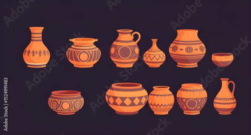 Vintage pottery illustration, Pottery vase vector, Handmade ceramic vector, Clayware set, Artisan pottery vector, Pottery crock vector, Pottery dish illustration, Decorative clay vector, Pottery plate