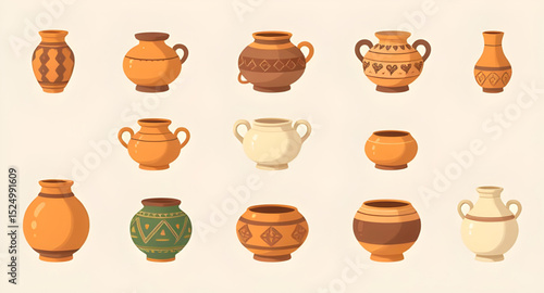 Pottery icon set, Traditional pottery vector, Earthenware set, Terracotta pot vector, Decorative pottery illustration, Pottery collection vector, Pottery shapes set, Pottery bowl vector, Pottery jar i