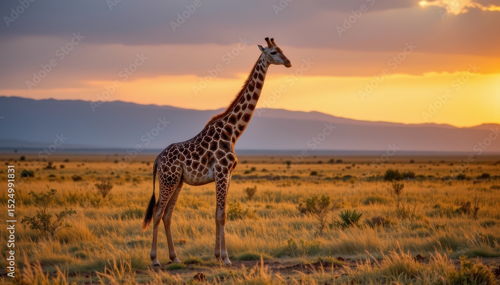 Fototapeta premium timeless giraffe photographed in a standing pose in an open savanna, in a classic wildlife photography style, with warm yellow tones, sunset light, high resolution
