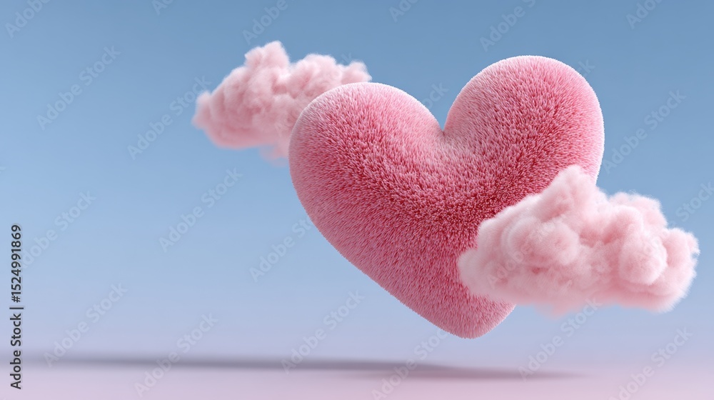 Obraz premium Pink heart is floating in the sky above a fluffy cloud. The heart is surrounded by a soft, fuzzy texture that gives it a dreamy, whimsical appearance. Concept of love, warmth, and tenderness