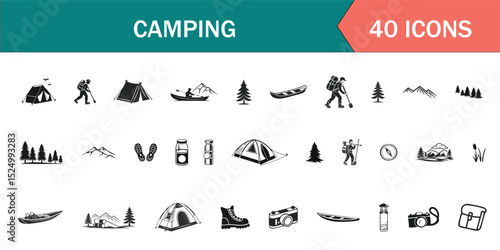 Glyph Icons of Camping and Outdoor Adventure – Tent, Campfire, Backpack, Compass, Kayak, Hiking, and More – Solid Black Silhouette Pictograms for Eco-Tourism, Travel Guides, and Nature Exploration