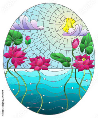 Illustration in stained glass style with Lotus flowers against a Sunny blue sky with clouds, oval image