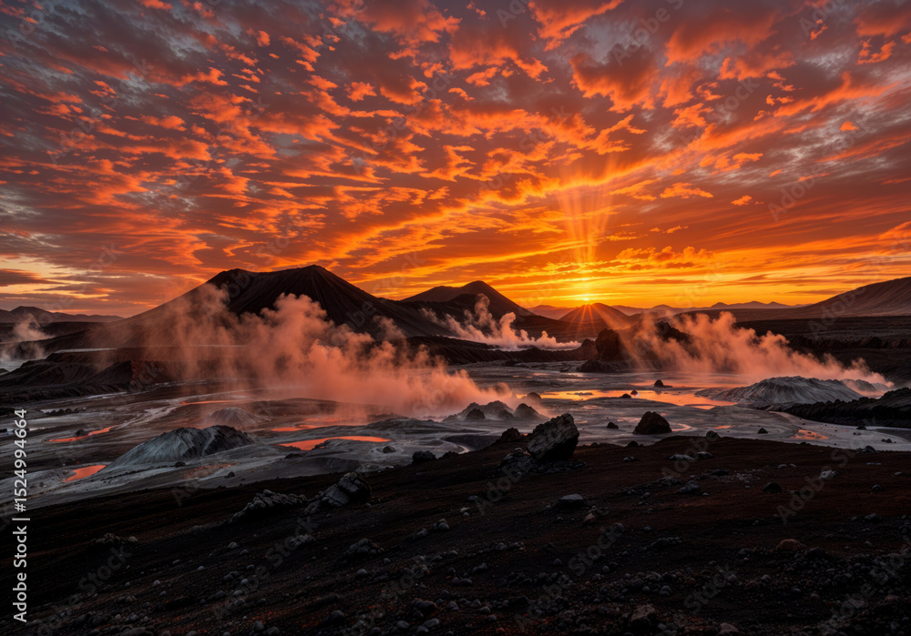 Fototapeta premium Sunset Over Steaming Lake and Mountain Peaks