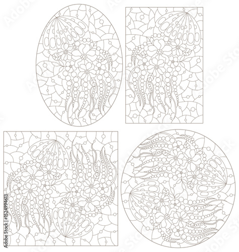 A set of contour illustrations in the style of a stained glass window with jellyfish, dark contours on a white background