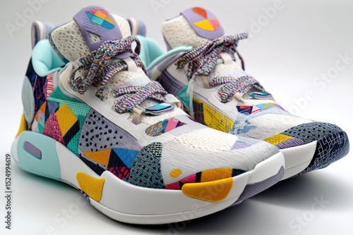 Geometric sport shoes gleam with futuristic style on white background