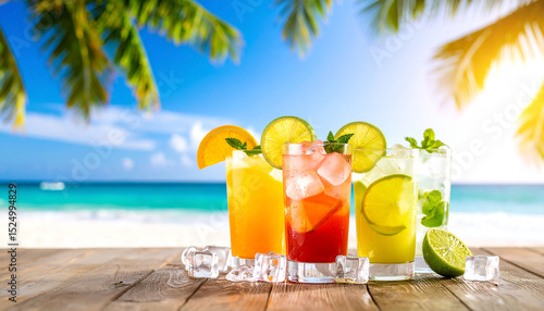 Fototapeta Naklejka Na Ścianę i Meble -  Four colorful tropical cocktails on a wooden beach table, garnished with fruit and mint, against a sunny beach backdrop with palm trees