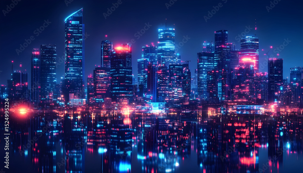 Obraz premium Futuristic Cityscape at Night With Glowing Lights, Representing Urban Development and Infrastructure Investment for Economic Growth and Technological Advancement