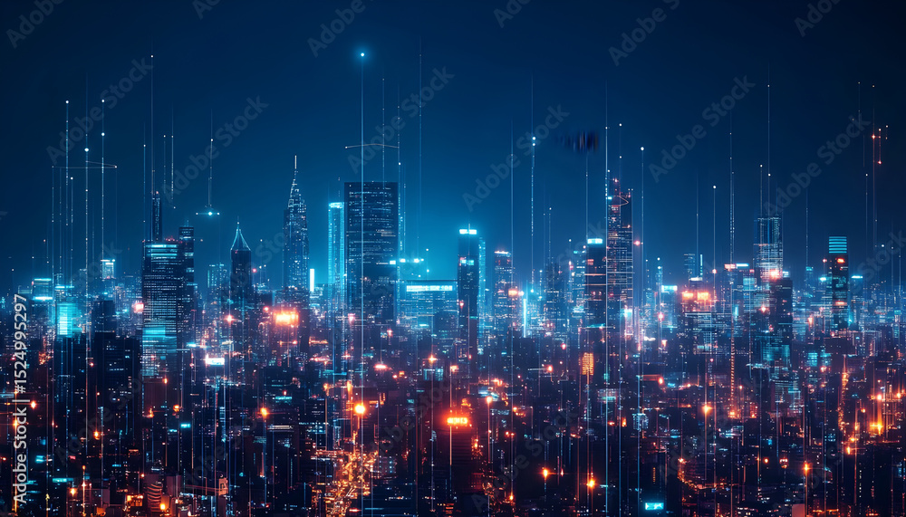 Futuristic Cityscape at Night With Glowing Lights, Representing Urban Development and Infrastructure Investment for Economic Growth and Technological Advancement Futuristic Cityscape at Night With Glowing Lights, Representing Urban Development and Infrastructure Investment for Economic Growth and Technological Advancement