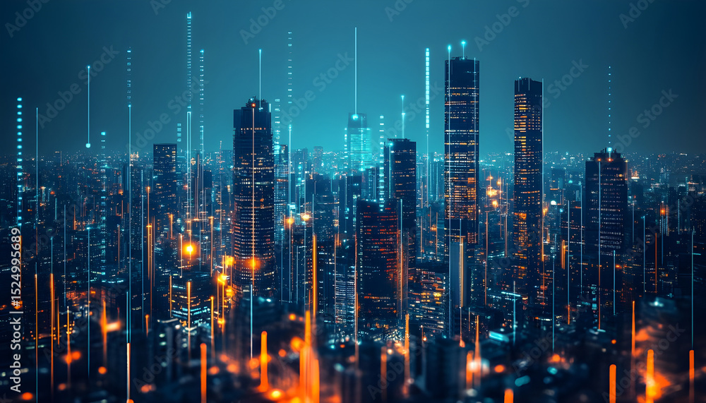 Futuristic Cityscape at Night With Glowing Lights, Representing Urban Development and Infrastructure Investment for Economic Growth and Technological Advancement Futuristic Cityscape at Night With Glowing Lights, Representing Urban Development and Infrastructure Investment for Economic Growth and Technological Advancement