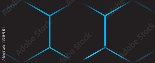 Dark hexagon abstract technology background with blue colored bright flashes under hexagon. Hexagonal gaming vector tech illustration black abstract background.