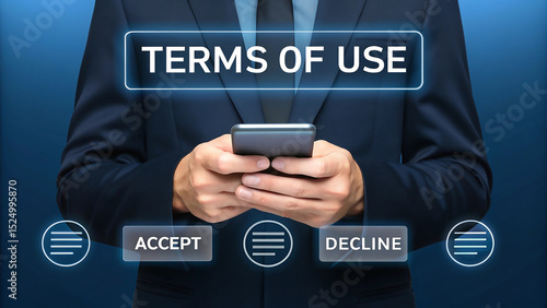 Digital terms of use agreement on smartphone screen. User consent and legal agreement interaction. Accept or decline options for online contracts.