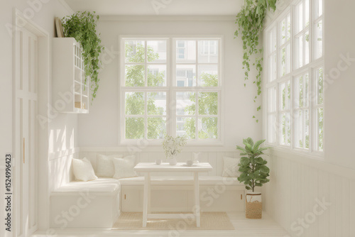 modern breakfast nook in tiny house surrounded by lush greenery