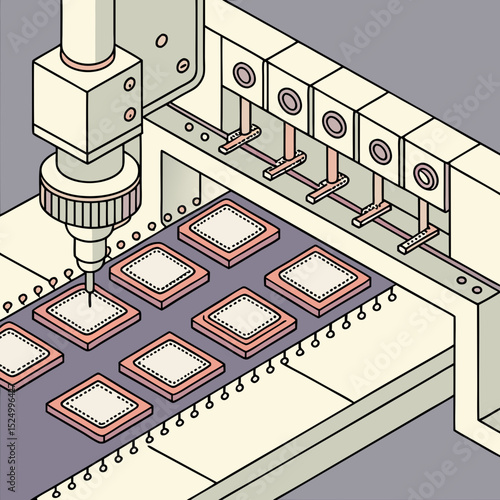 Automated machines are placing microchips on circuit boards in a high-tech manufacturing facility