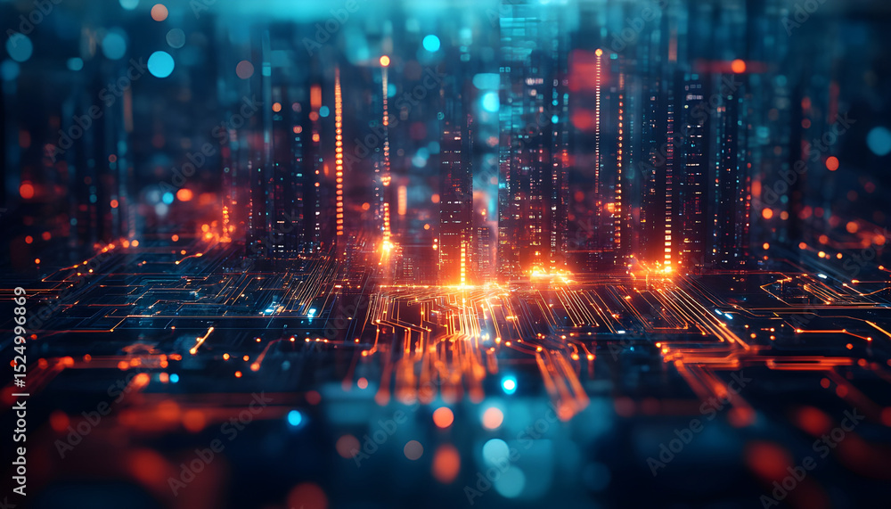 Abstract Circuit Board With Glowing Lights and Cityscape, Representing Digital Transformation and Technological Innovation in Business Abstract Circuit Board With Glowing Lights and Cityscape, Representing Digital Transformation and Technological Innovation in Business