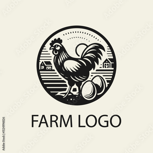 Black and white flat vector logo featuring a chicken with eggs. Perfect for farm, organic, rural, poultry, and eco food branding.