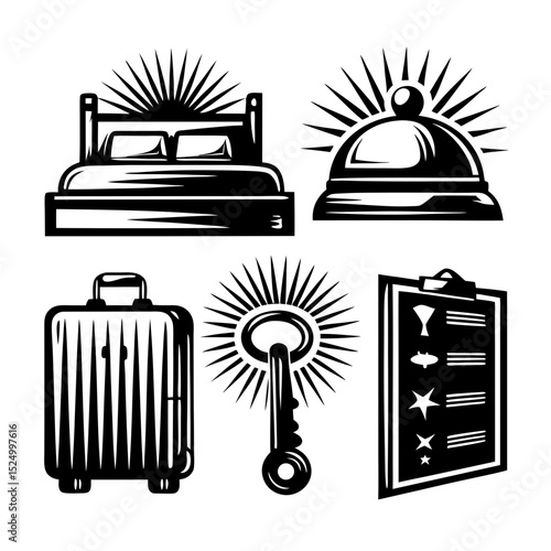 Hotel service icons bed bell suitcase key checklist