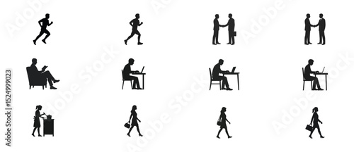 Collection of various silhouetted actions and activities on white background
