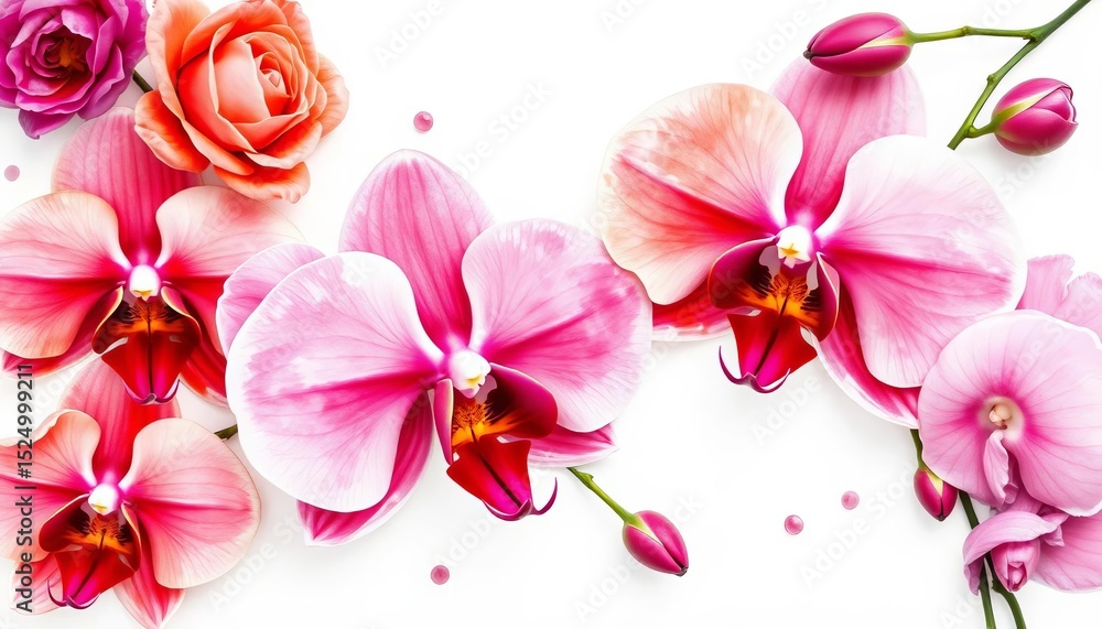 Obraz premium Vibrant watercolor roses, orchids (phalaenopsis, dendrobium), and buds in pink, red, and purple hues on white, pink, summer