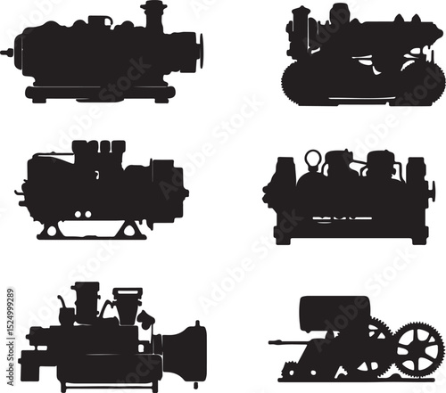 Silhouette Illustrations of Vintage Industrial Machinery: Black and White Vector Graphics of Steam Engines and Mechanical Equipment