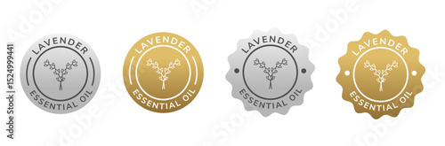 lavender essential oil label silver and gold color. natural ingredient for cosmetic or beauty product.