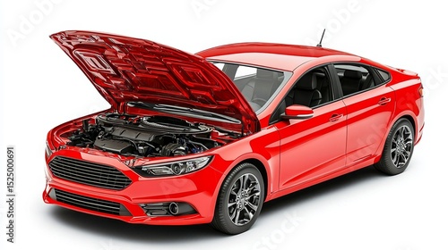A vibrant red new car with an open front bonnet.