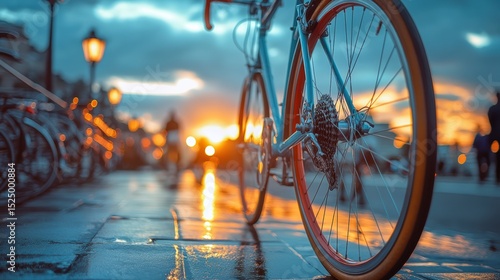 Artistic bicycle parked at sunset city street reflecting light beautiful vintage cycling tranquility peaceful background outdoor