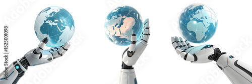 Set For Robotic hands holding digital globes, isolated on white