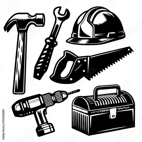 Construction tools and hard hat vintage illustration