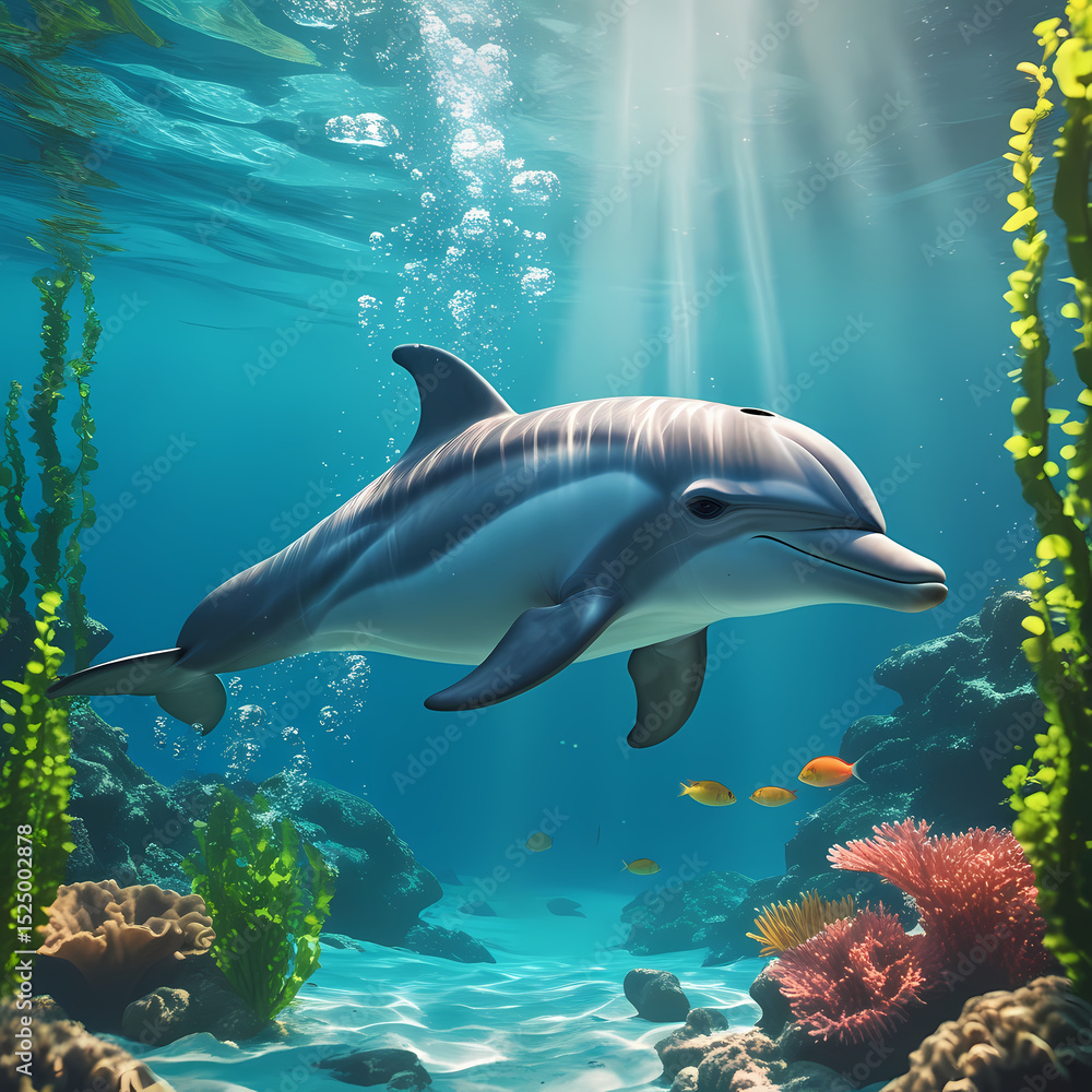 Fototapeta premium Cute dolphin in clear blue water