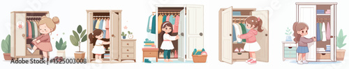 vector character girl opening wardrobe door