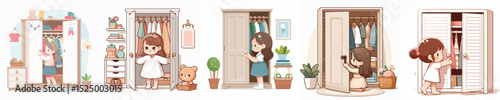 vector character girl opening wardrobe door