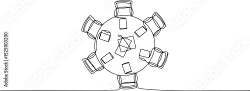 Minimalist continuous single line drawing of a round table with six chairs and scattered documents in top view composition

