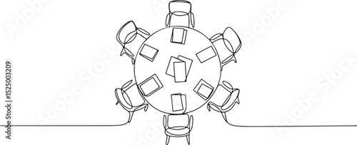 Minimalist continuous single line drawing of a round table with six chairs and scattered documents in top view composition

