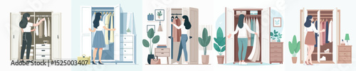 vector character woman opening wardrobe door