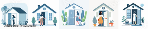 vector character woman opening the door of the house