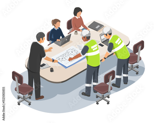 Engineers and office staff discussing architectural floor plan during project meeting at construction site office with laptops and technical documents on the table