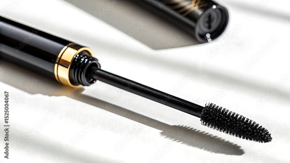 Naklejka premium Close-up of open black mascara tube with applicator wand and soft shadows on white background 