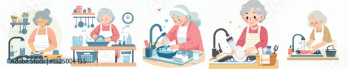 vector character grandma washing dishes