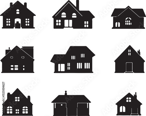 Black and White House Silhouettes: Vector Illustration of Home Icons for Real Estate, Architecture, and Design Projects. Building Clipart.