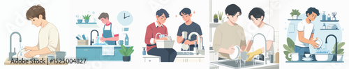 young man character vector washing dishes