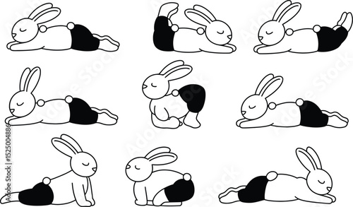 Funny cartoon rabbits doing yoga poses white and black illustration