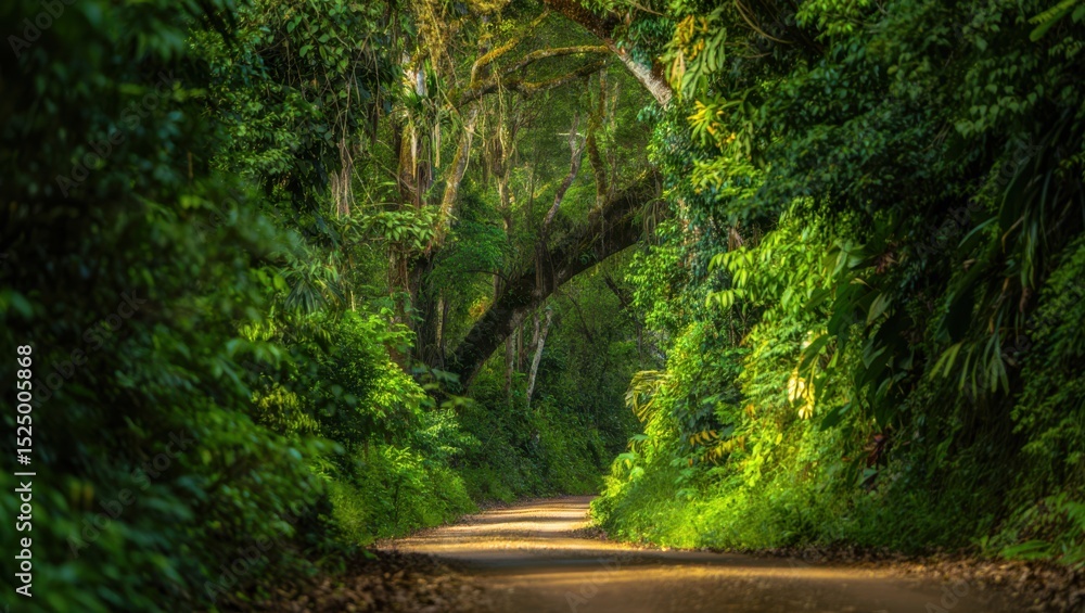 Obraz premium Sunlight dapples a dirt road winding through a lush, green, mossdraped forest