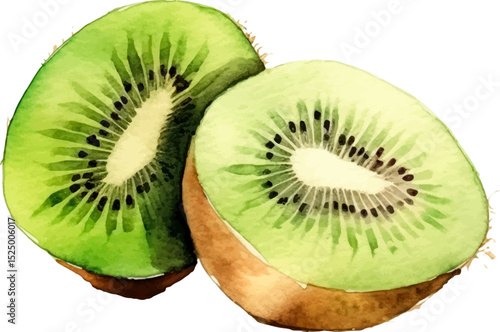 Watercolor painted kiwi fruit. Hand drawn fresh food design element isolated on white background.