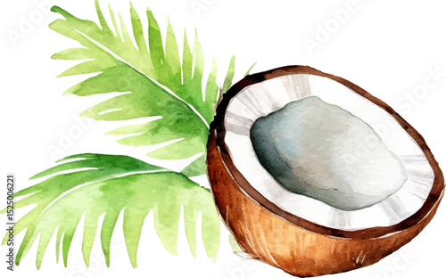 Watercolor painted coconut. Hand drawn fresh food design element isolated on white background.