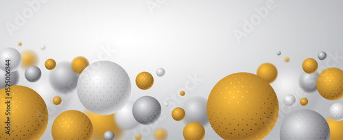 Abstract spheres vector background with blank copy space, composition of flying balls decorated with dots, 3D mixed realistic globes, realistic depth of field effect.
